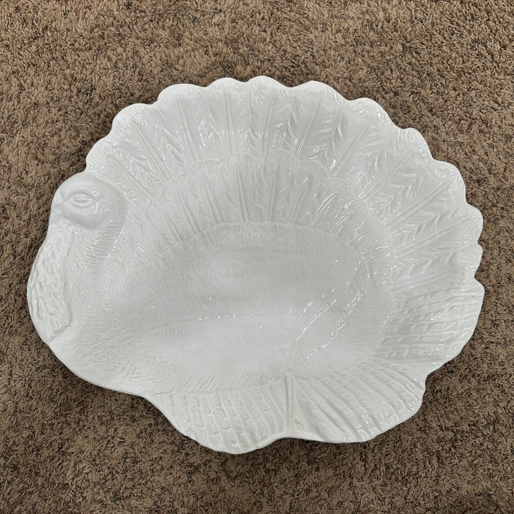 Vintage White Ceramic Turkey Serving Platter Embossed Thanksgiving Holiday Large